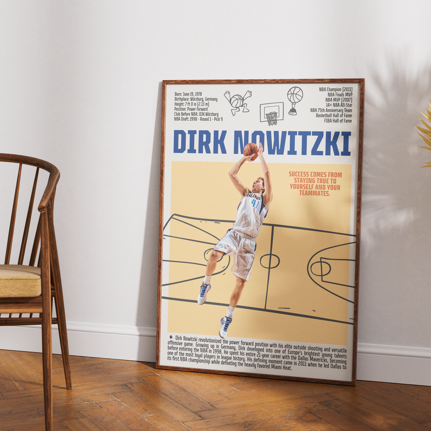 Dirk Nowitzki basketball poster — Dallas Mavericks German legend 2011 champion minimalist wall art print UK