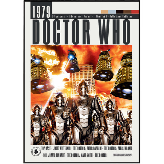 Doctor Who BBC TV series poster print UK — The Doctor TARDIS Daleks Timelord sci-fi wall art 260gsm museum-grade printed in England Camden Market