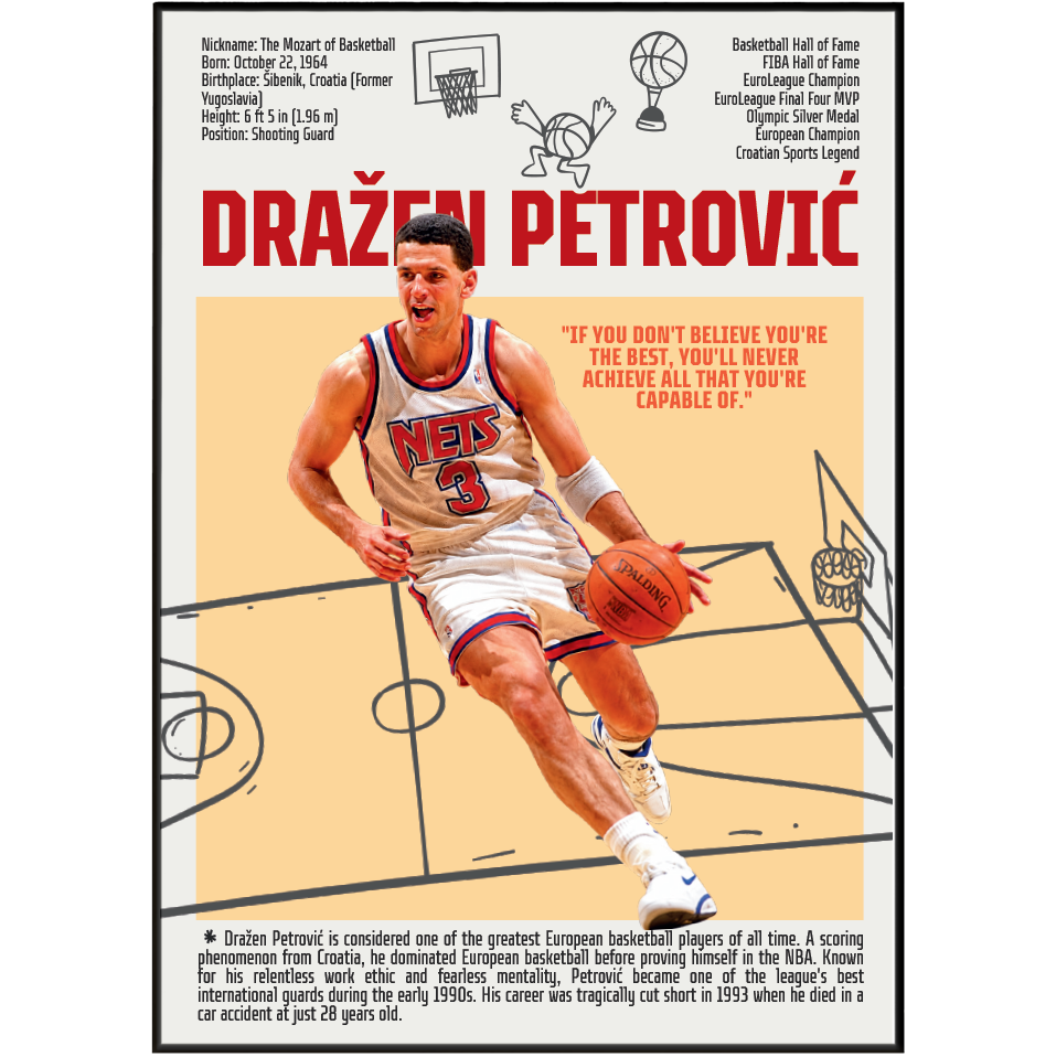 Dražen Petrovic basketball poster — Croatian legend New Jersey Nets NBA pioneer minimalist wall art print UK