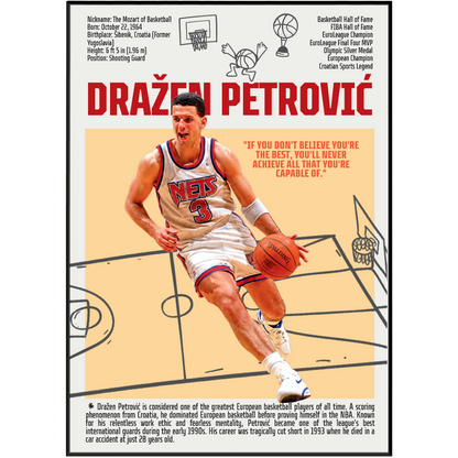 Dražen Petrovic basketball poster — Croatian legend New Jersey Nets NBA pioneer minimalist wall art print UK