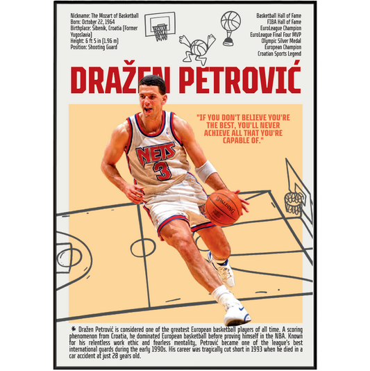 Dražen Petrovic basketball poster — Croatian legend New Jersey Nets NBA pioneer minimalist wall art print UK