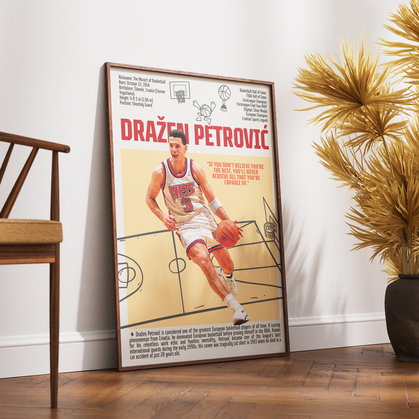 Dražen Petrovic basketball poster — Croatian legend New Jersey Nets NBA pioneer minimalist wall art print UK