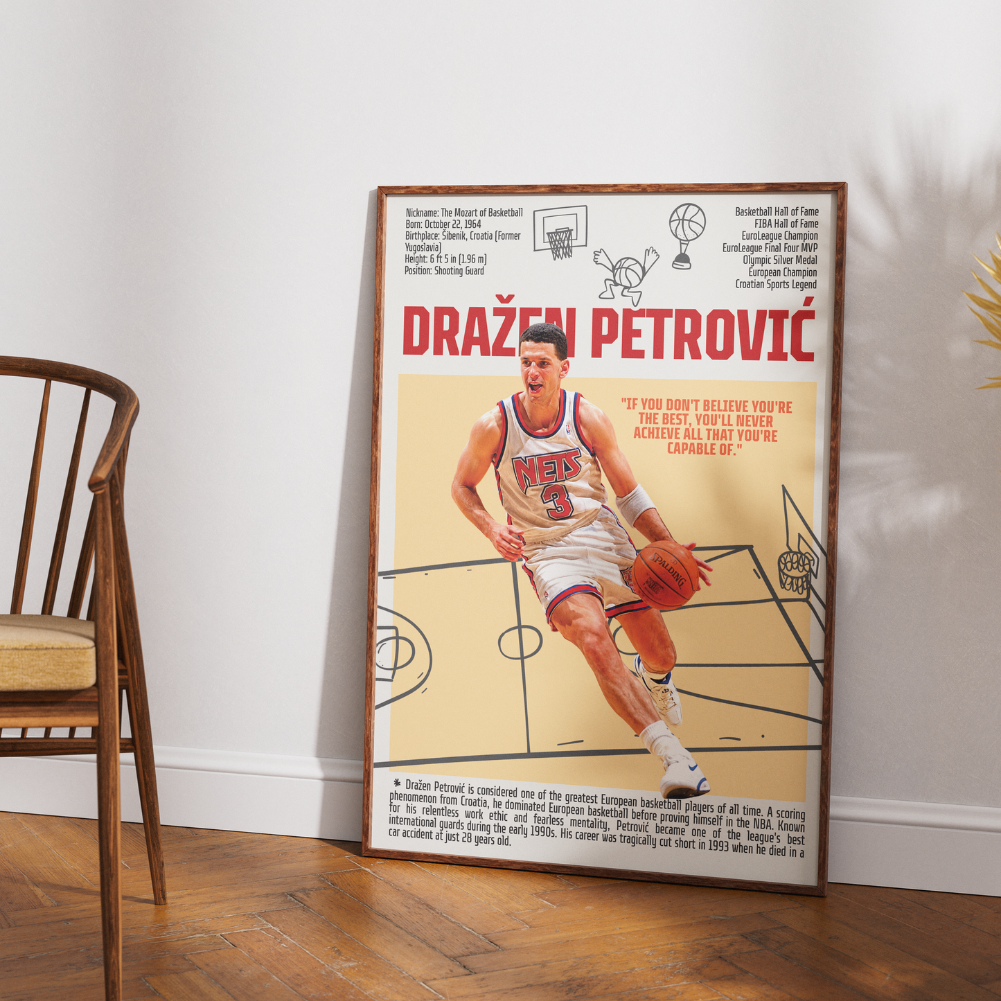 Dražen Petrovic basketball poster — Croatian legend New Jersey Nets NBA pioneer minimalist wall art print UK