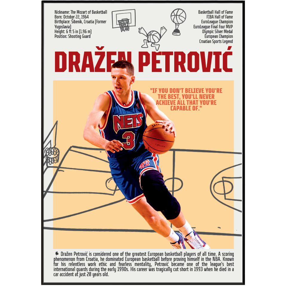 Dražen Petrovic basketball poster — Croatian legend New Jersey Nets NBA pioneer minimalist wall art print UK