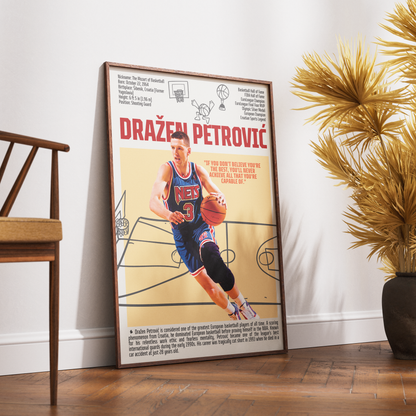Dražen Petrovic basketball poster — Croatian legend New Jersey Nets NBA pioneer minimalist wall art print UK