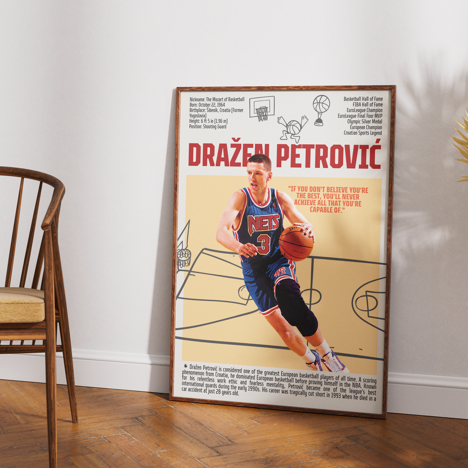 Dražen Petrovic basketball poster — Croatian legend New Jersey Nets NBA pioneer minimalist wall art print UK
