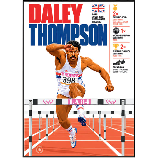 A sports poster print featuring Daley Thompson, a British hurdler, in a white racing uniform with red and blue accents, running on an orange track. The top of the poster has his name in large red and blue letters, and the right side lists his career achievements with small icons and text.