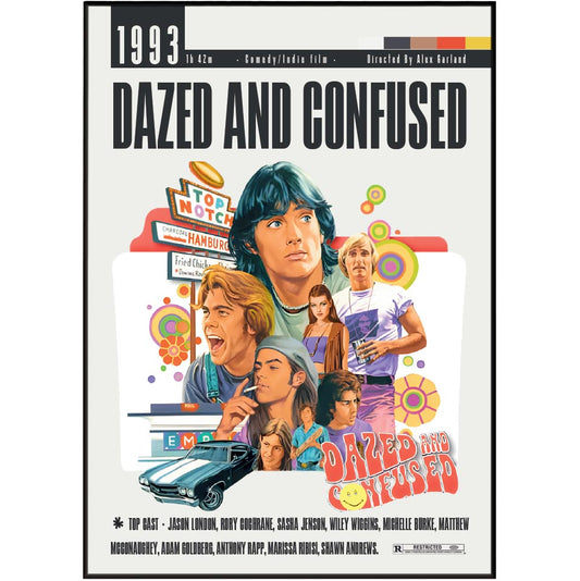 The front cover of the 1993 film 'Dazed and Confused' home video release, featuring a colorful retro collage of cast members, a car, and the title on a light gray background.