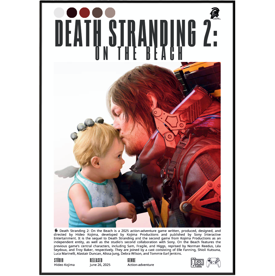 A poster-style product image for Death Stranding 2: On the Beach, featuring a central photo of a man and a child facing a red robotic figure, with the title text at the top and product details along the bottom on a white background.