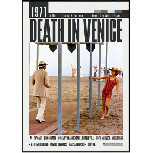 Movie poster for the 1971 film 'Death in Venice' featuring a beach scene with two people under a metal structure, with large black title text at the top and cast names at the bottom.