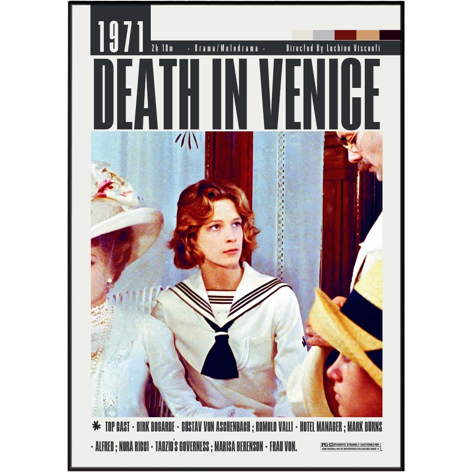 Movie poster for the 1971 film 'Death in Venice' featuring a central portrait of a woman in a white sailor-style dress with a dark tie, surrounded by other characters in a vintage illustrated layout. Large title text 'DEATH IN VENICE' appears across the top.