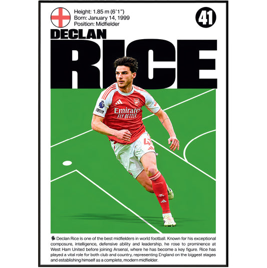 A vertical football poster featuring Declan Rice in an Arsenal jersey on a green pitch background, with large black 'RICE' text, player statistics at the top, and a short biographical note at the bottom.