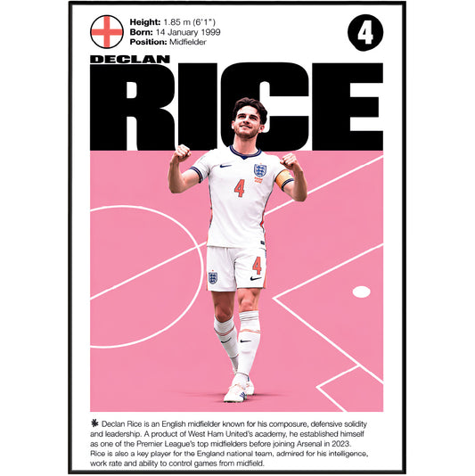 A vertically oriented poster or print featuring Declan Rice in a white England football kit with the number 4, set against a pink soccer-field background with large black 'RICE' text and player biographical details at the top and bottom.
