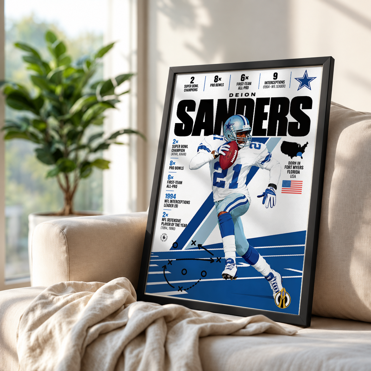 Deion Sanders poster, Dallas Cowboys NFL wall art print in a boy's bedroom - 98types