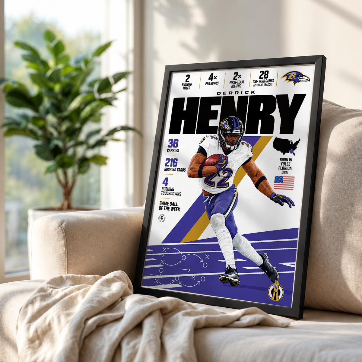 Derrick Henry poster, Baltimore Ravens NFL wall art print in a boy's bedroom - 98types