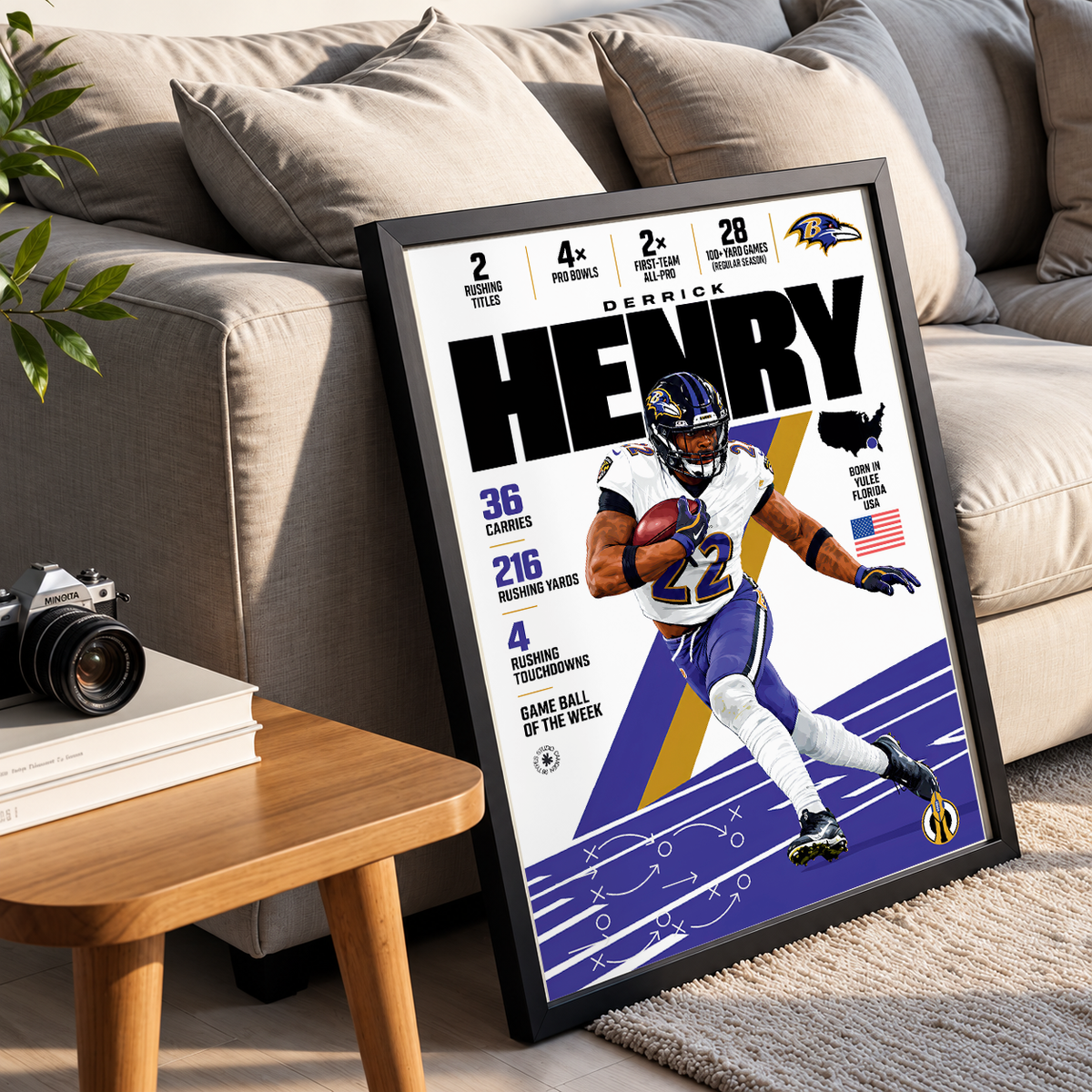 Derrick Henry poster, Baltimore Ravens NFL wall art print in a boy's bedroom - 98types
