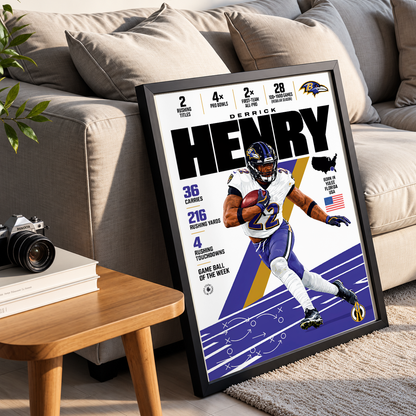 Derrick Henry poster, Baltimore Ravens NFL wall art print in a boy's bedroom - 98types