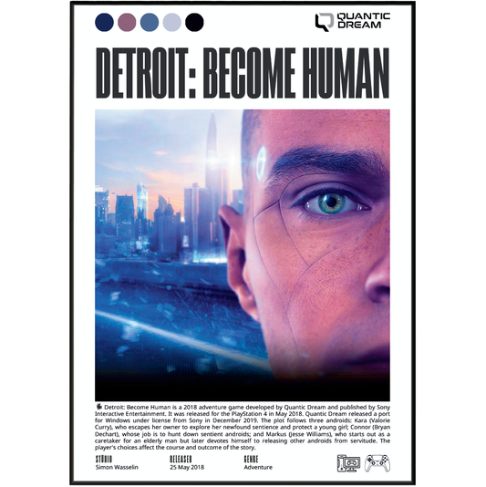 A poster-style product image for the video game Detroit: Become Human, featuring a close-up of a person's face with a city skyline in the background, plus the title text and the Quantic Dream logo at the top.