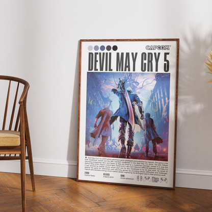 A framed Capcom Devil May Cry 5 poster leaning against a white wall on a wooden floor, with part of a wooden chair visible on the left.
