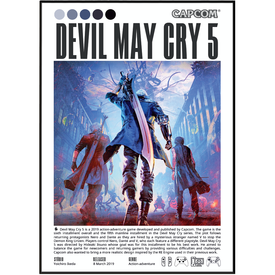A printed poster or cover-style graphic for Devil May Cry 5, featuring the Capcom logo at the top, large title text, a central fantasy battle illustration with three characters, and small text bands along the bottom.