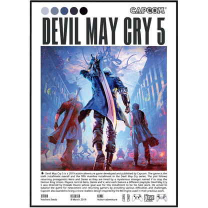 A printed poster or cover-style graphic for Devil May Cry 5, featuring the Capcom logo at the top, large title text, a central fantasy battle illustration with three characters, and small text bands along the bottom.