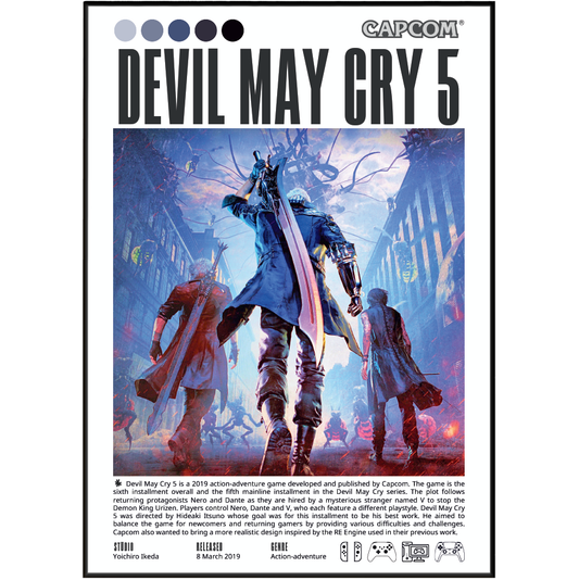 A printed poster or cover-style graphic for Devil May Cry 5, featuring the Capcom logo at the top, large title text, a central fantasy battle illustration with three characters, and small text bands along the bottom.