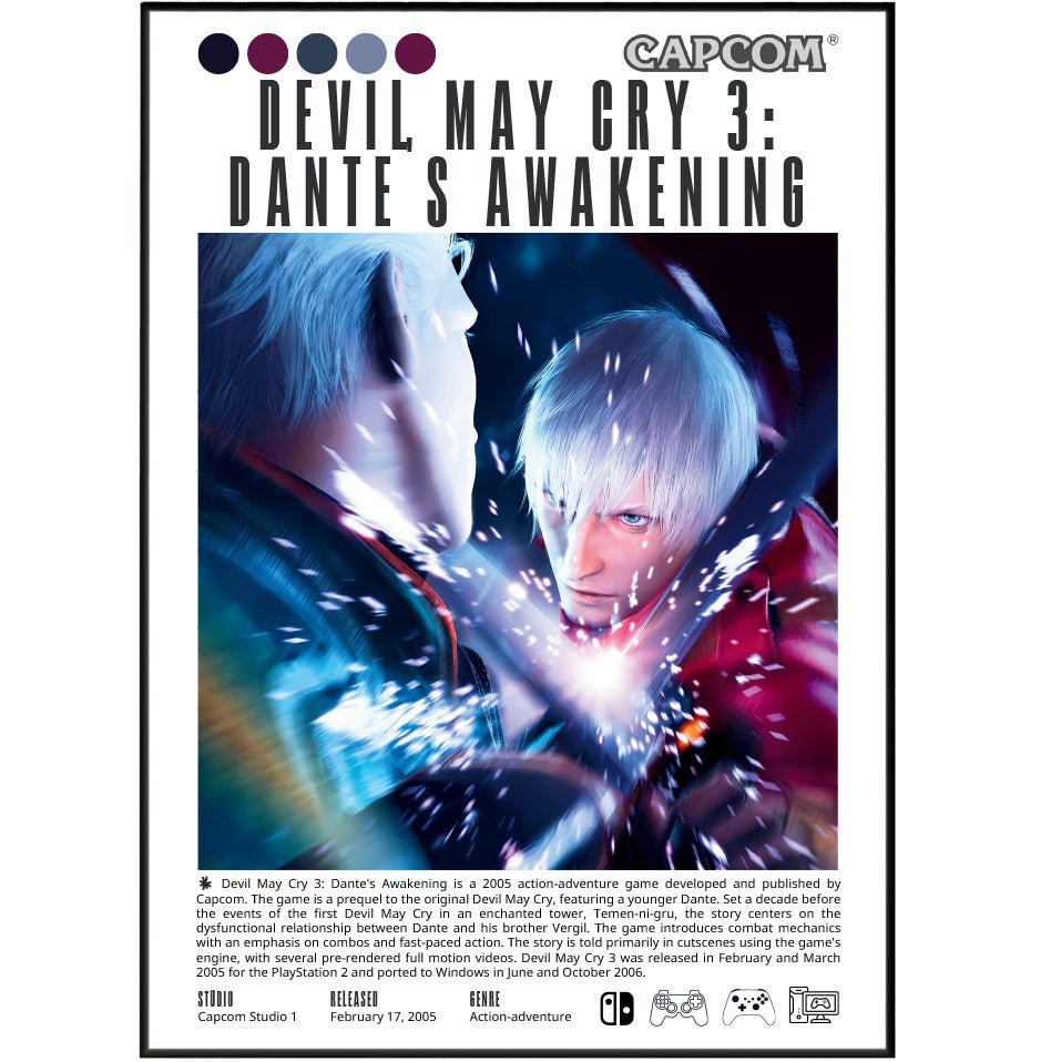 Devil May Cry 3 Dante's Awakening 2005 game poster — Capcom Dante Vergil action wall art print UK - 98types