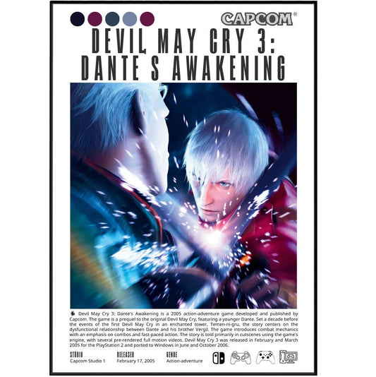 Devil May Cry 3 Dante's Awakening 2005 game poster — Capcom Dante Vergil action wall art print UK - 98types