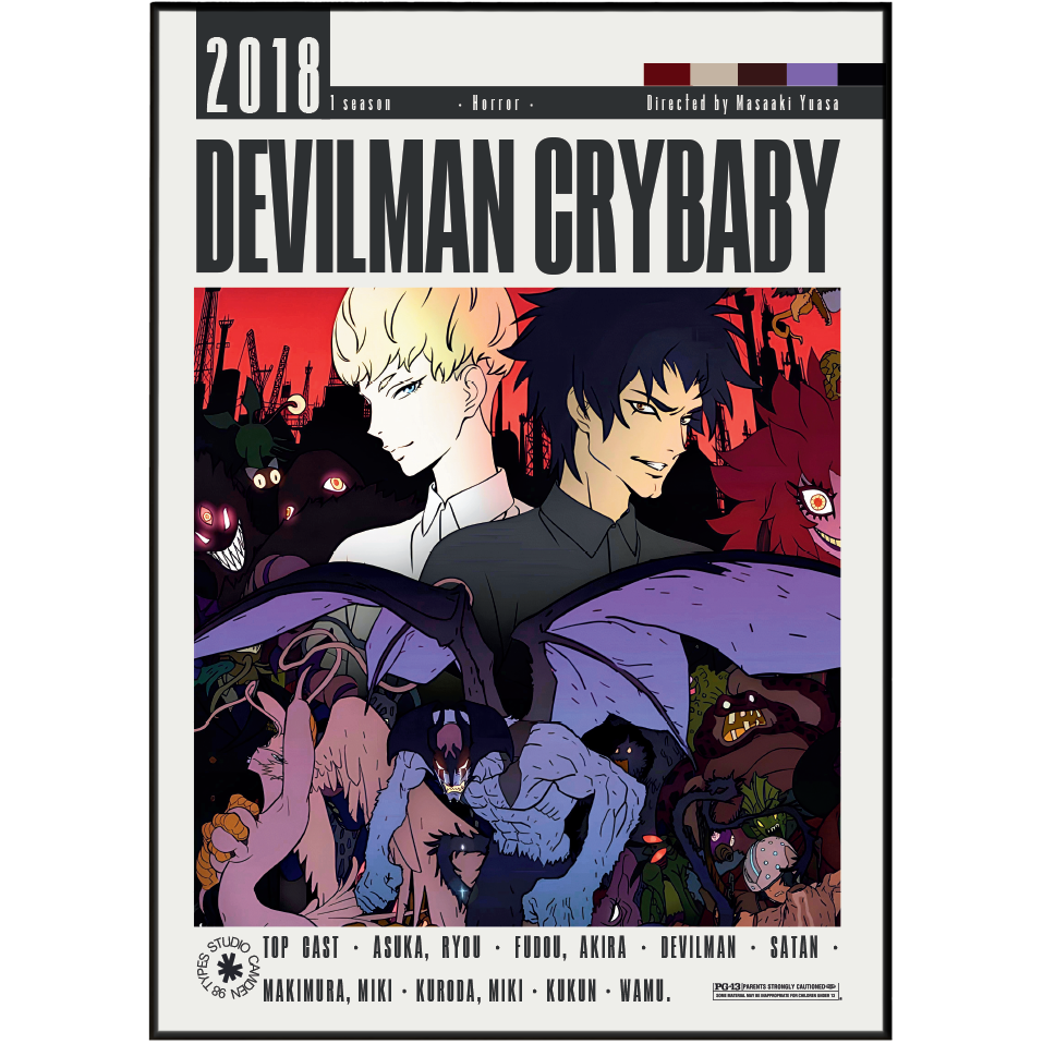 Devilman Crybaby 2018 1 season anime poster featuring Masaki Tsuna as the director, with illustrated characters and monsters in a dark red and purple color scheme.
