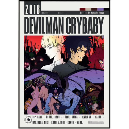 Devilman Crybaby 2018 1 season anime poster featuring Masaki Tsuna as the director, with illustrated characters and monsters in a dark red and purple color scheme.