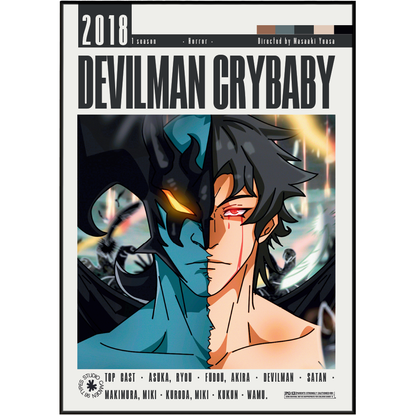 A poster-style cover for the anime film 'Devilman Crybaby' showing a split illustration of two characters: one with blue skin and glowing orange eyes, and one with dark hair and red eyes. Large title text reads 'DEVILMAN CRYABY' with '2018' at the top and cast names along the bottom.