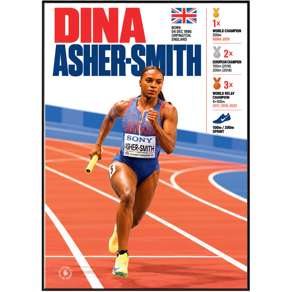 A framed poster featuring Dina Asher-Smith, a British track and field athlete, running on an indoor track. The poster has a white border with bold red and blue text highlighting her achievements, including world and European championships, alongside a Union Jack flag and trophy icons.