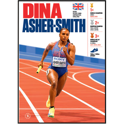 A framed poster featuring Dina Asher-Smith, a British track and field athlete, running on an indoor track. The poster has a white border with bold red and blue text highlighting her achievements, including world and European championships, alongside a Union Jack flag and trophy icons.