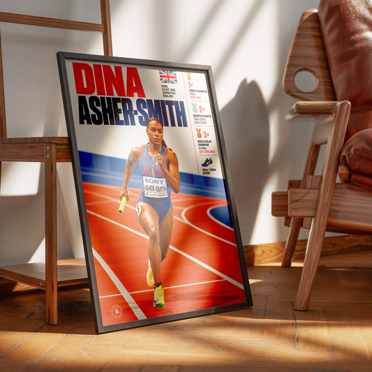 A framed poster of Dina Asher-Smith, a British track and field athlete, leaning against a wall in a modern room with wooden furniture and warm sunlight.
