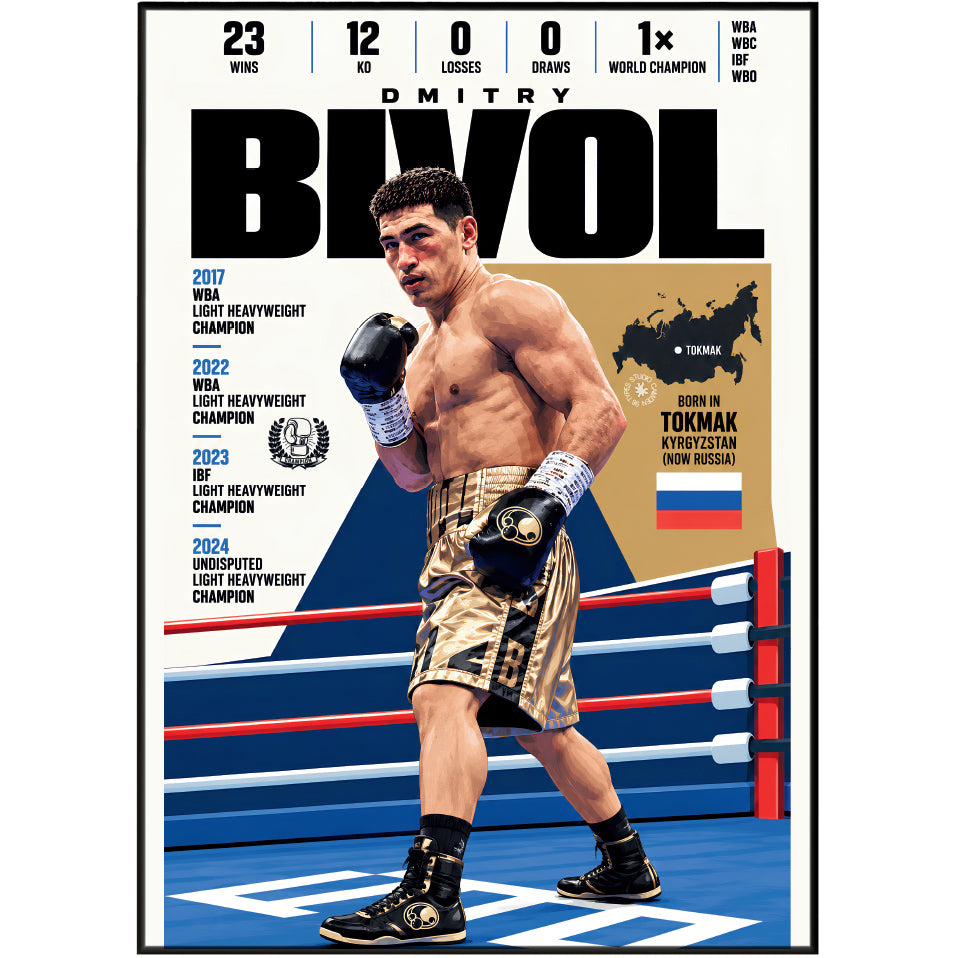 Dmitry Bivol poster, Russian boxing wall art print in a home office - 98types