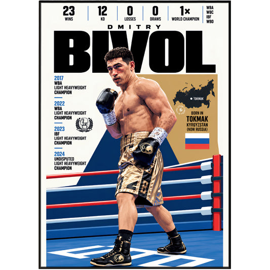 Dmitry Bivol poster, Russian boxing wall art print in a home office - 98types