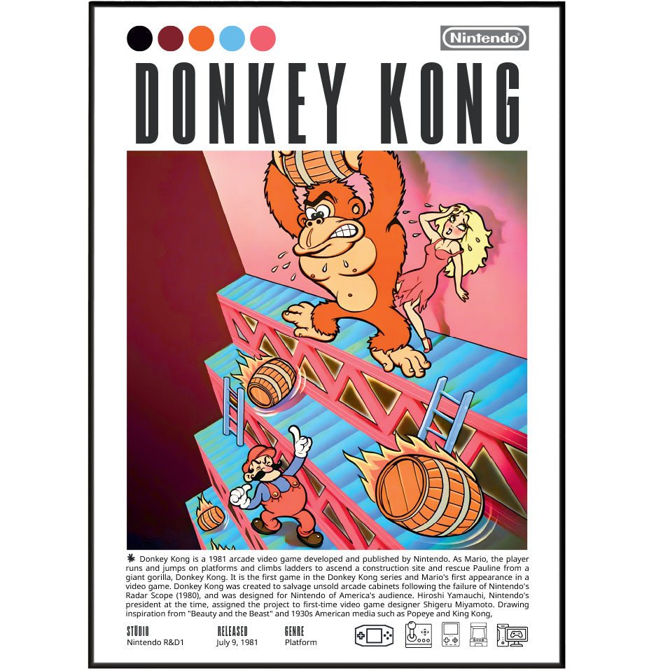 Donkey Kong 1981 retro arcade game poster — Nintendo Jumpman barrels Mario debut wall art print UK
 - 98types