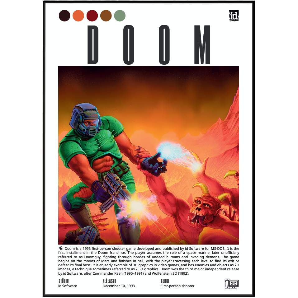 A vintage-style poster or cover art for the video game DOOM, shown centered on a white background with a thin black border. The artwork features a green-skinned player character in futuristic armor firing a glowing gun, with red-orange rocky terrain and a monster in the background.