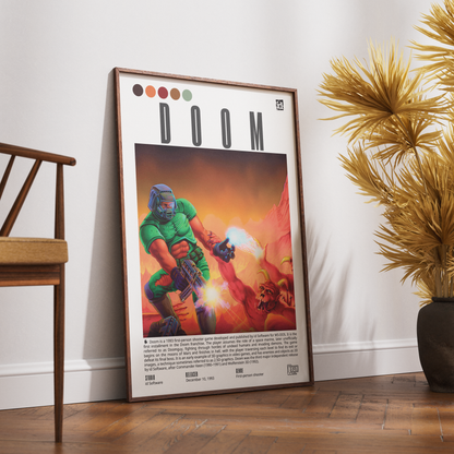A framed retro-style poster leaning against a white wall on a wooden floor, next to a chair and a potted plant. The poster features the word 'DOOM' at the top and a colorful sci-fi scene with a green-arm warrior and a robotic figure.
