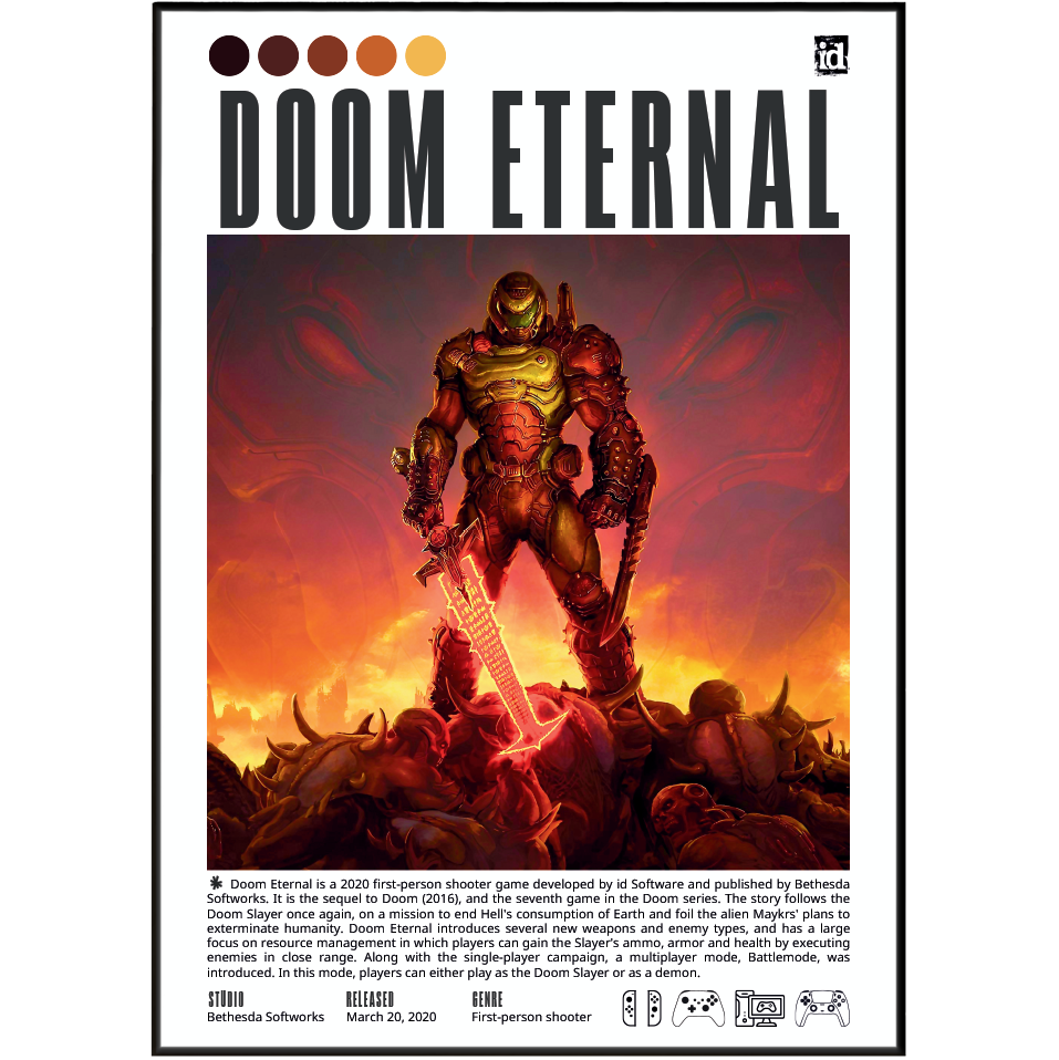 A framed Doom Eternal tabletop gaming poster featuring a dramatic red and orange illustration of a warrior character, with the title 'DOOM ETERNAL' at the top and small product text and icons along the bottom.