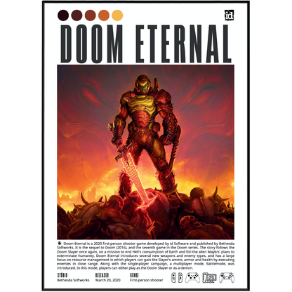 A framed Doom Eternal tabletop gaming poster featuring a dramatic red and orange illustration of a warrior character, with the title 'DOOM ETERNAL' at the top and small product text and icons along the bottom.