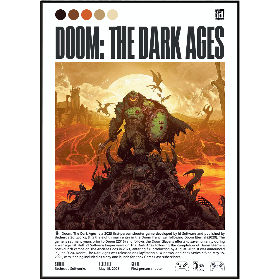 A vertical poster-style product graphic for Doom: The Dark Ages, featuring large black title text at the top, a central fantasy illustration of a warrior in armor with a glowing shield against a fiery orange-red landscape, and small text blocks at the bottom with logos and codes.