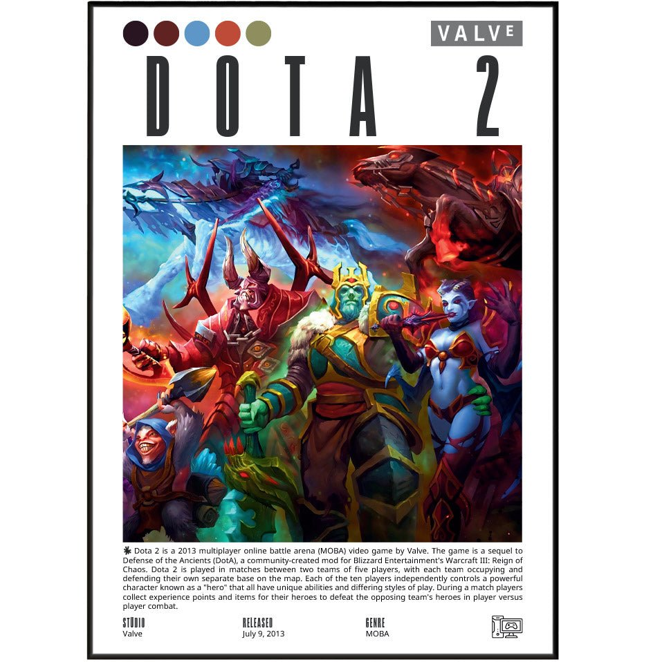 Dota 2 2013 game poster — Valve MOBA heroes esports The International wall art print UK
 - 98types