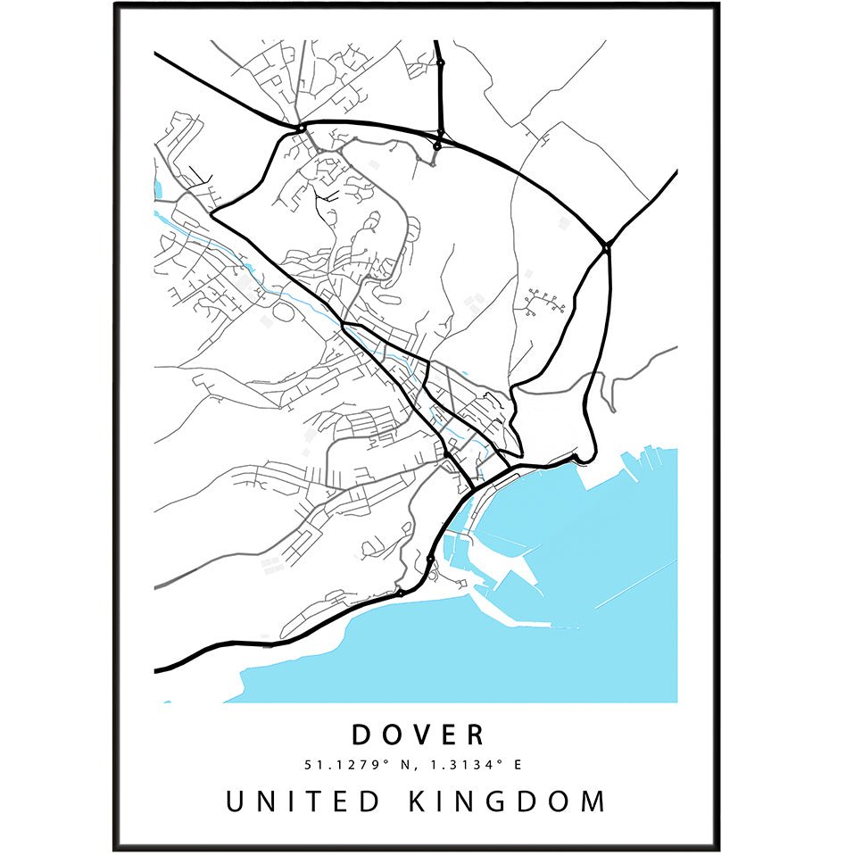 Dover Kent street map print — White Cliffs harbour town map wall art poster UK
 - 98types