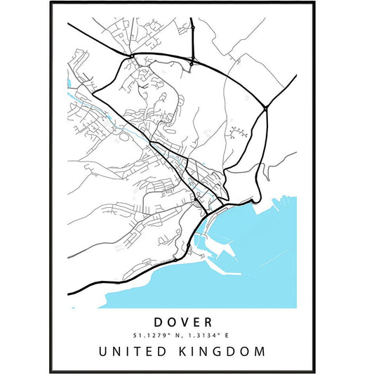 Dover Kent street map print — White Cliffs harbour town map wall art poster UK
 - 98types