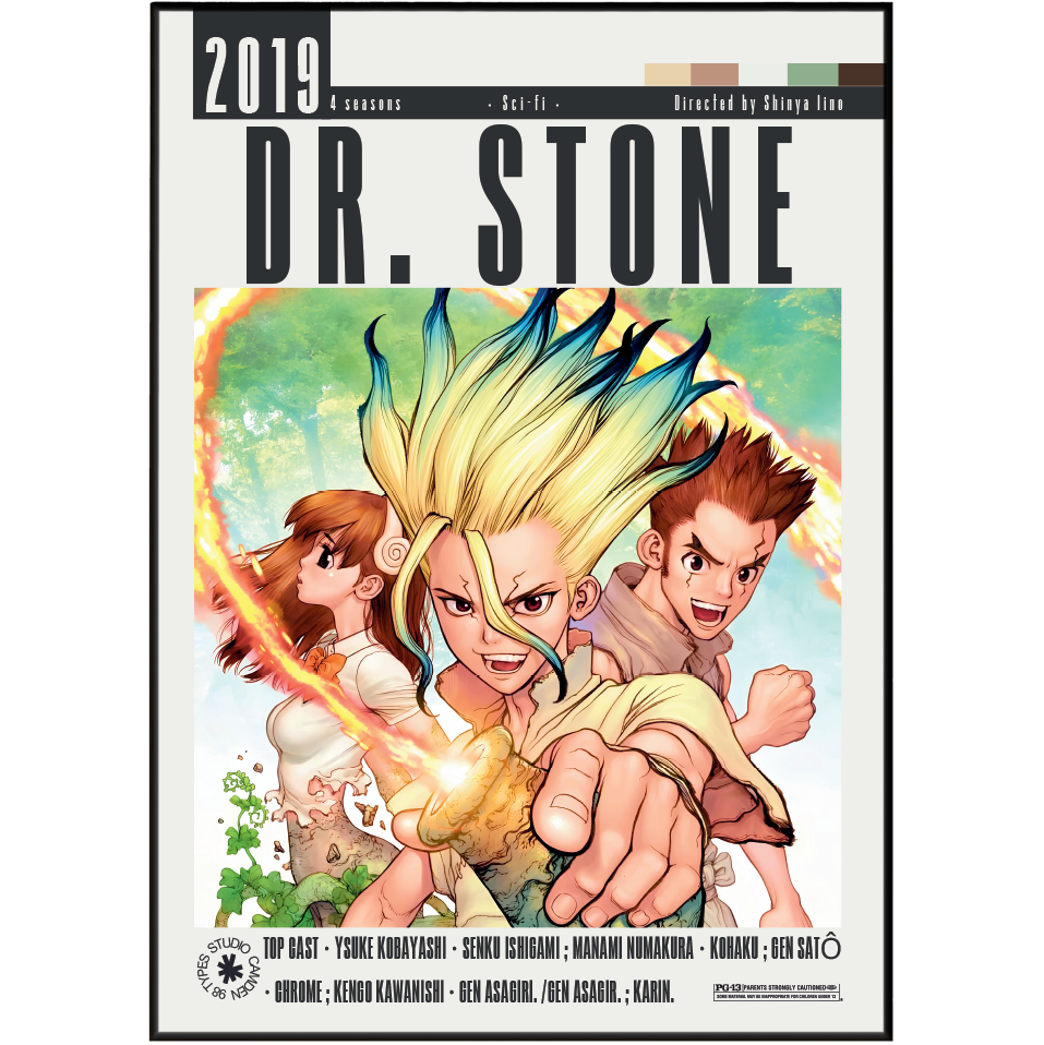 Front cover of the 2019 anime television series Dr. Stone, featuring the title 'DR.