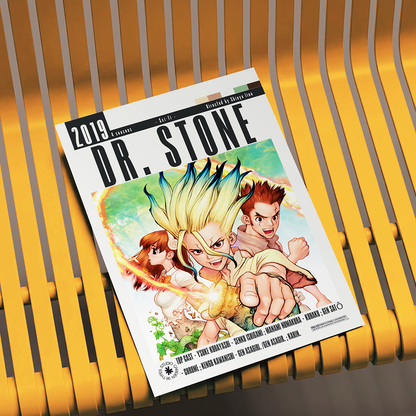 A magazine or book cover titled "DR. STONE" lies on a yellow slatted bench.