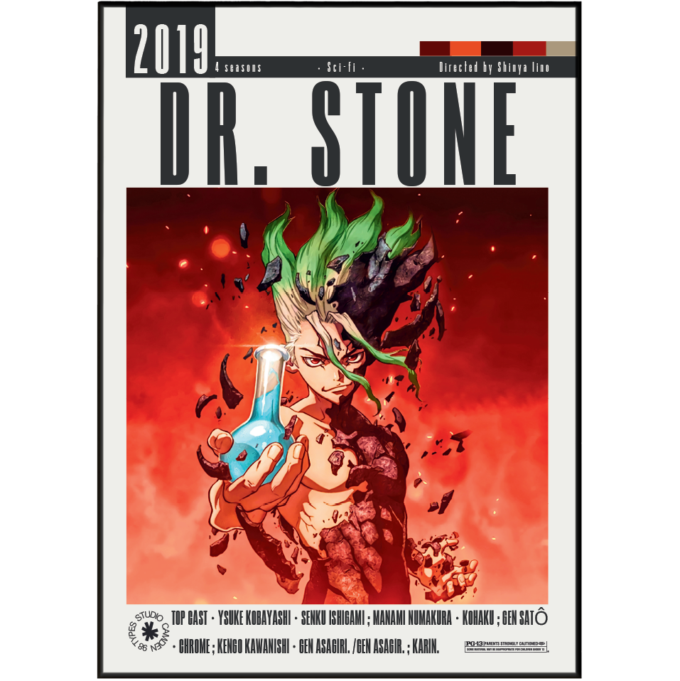 Front cover of the comic book Dr. Stone 2019 4-seasons edition, featuring a central illustration of the character Kenma holding a blue flask against a fiery red background.