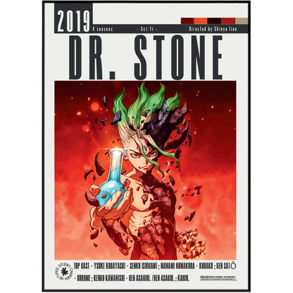 Front cover of the comic book Dr. Stone 2019 4-seasons edition, featuring a central illustration of the character Kenma holding a blue flask against a fiery red background.