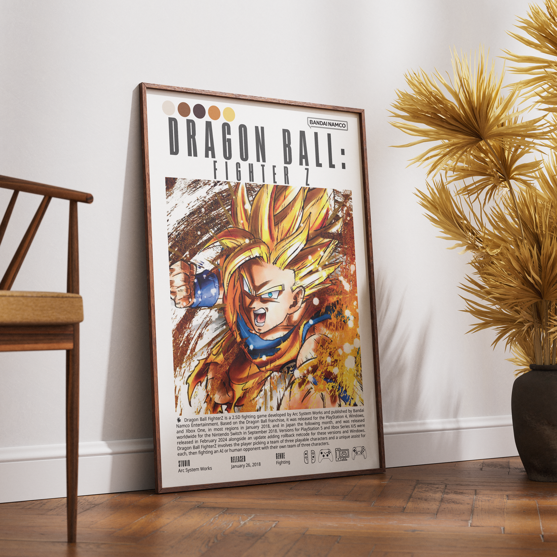 A framed Dragon Ball: Fighter Z art print leaning against a white wall on a wooden floor, styled in a room with a wooden chair on the left and a potted plant on the right.